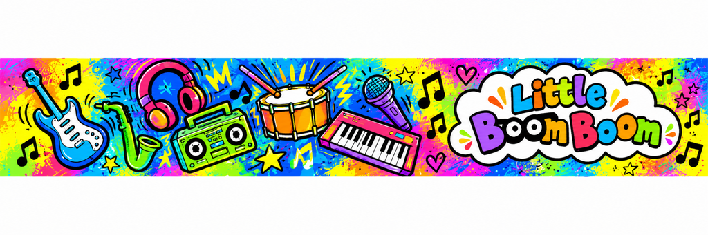 Flat print design artwork for Little Boom Boom Drumsticks, with colorful musical instruments and the Little Boom Boom logo.