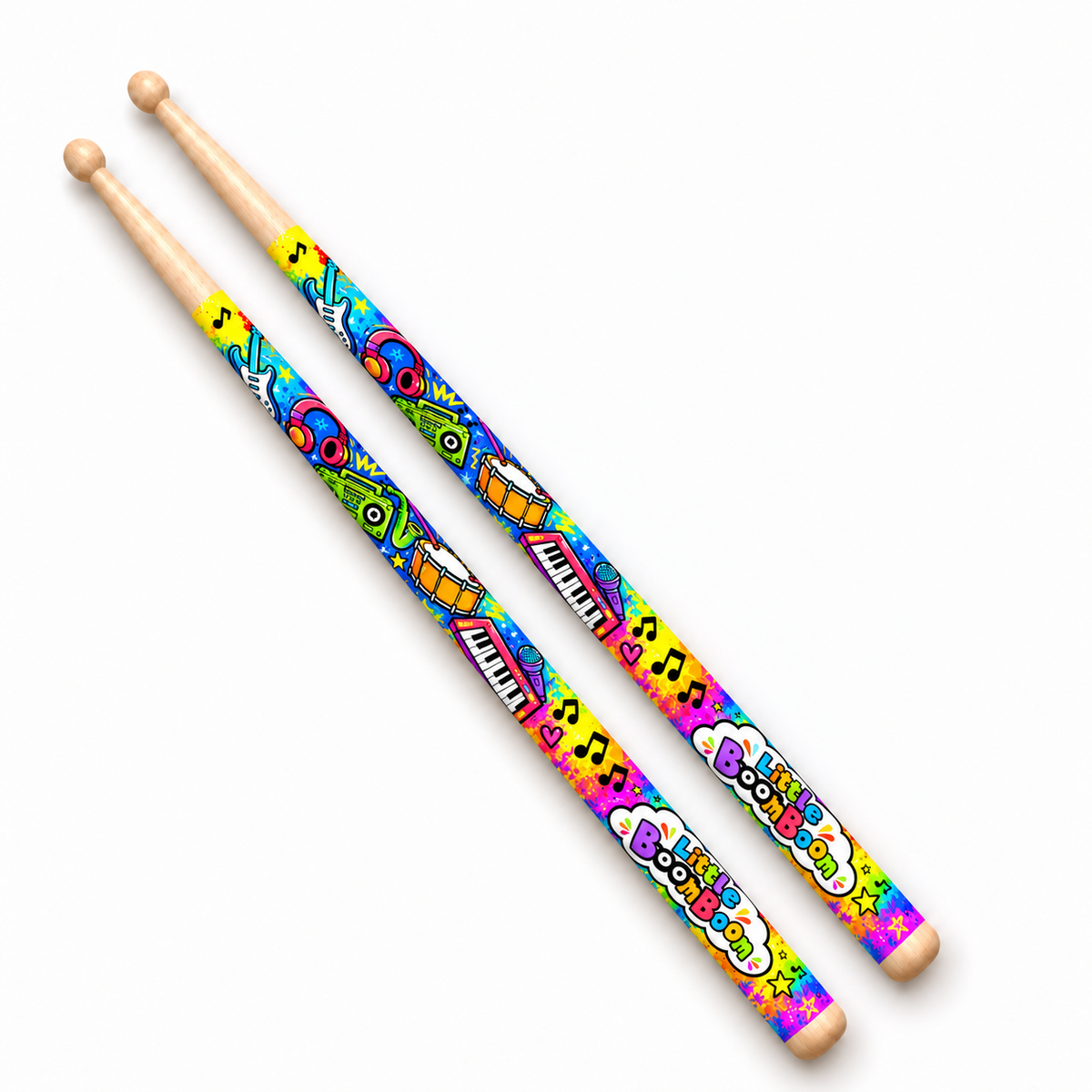 Mockup of one pair of Limited Edition Little Boom Boom Drumsticks on a white background; final printed design and placement may differ.