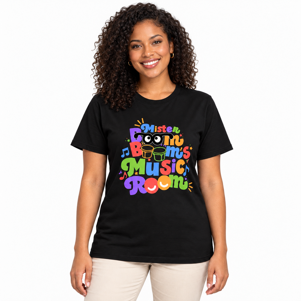 Woman wearing the black Mister Boom Boom’s Music Room adult T-shirt with a colorful full-front logo against a white background.